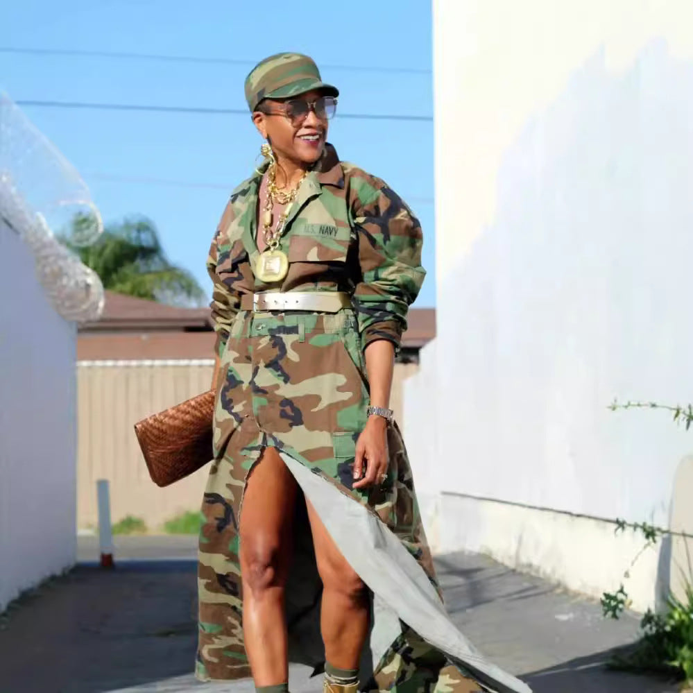 Vestido tipo cárdigan de manga larga con estampado de camuflaje informal a la moda para mujer