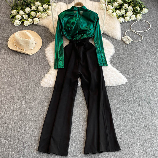 Women Fashion Casual Contrast Color V-Neck Long-Sleeve Tight Waist Wide Leg Jumpsuits