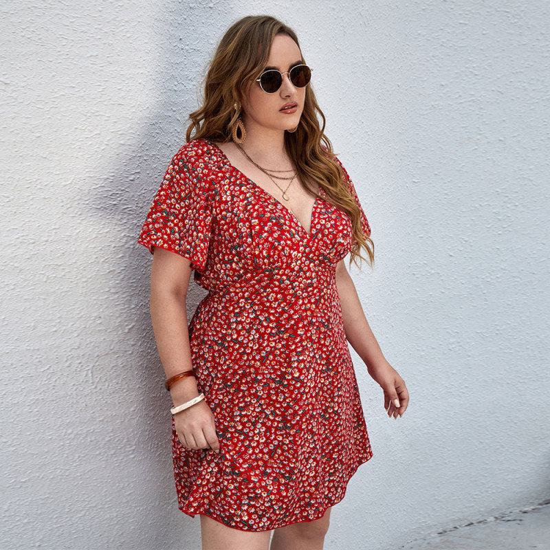Vestido informal de manga corta con cuello en V y estampado de flores pequeñas para mujer, talla grande