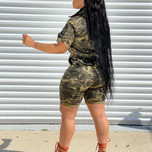 Women Casual Camouflage Short Sleeves Lapel Zipper Drawstring Rompers