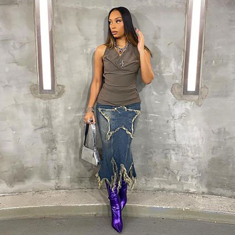 Women Fashion Casual High Waist Tassel Irregular Denim Skirt