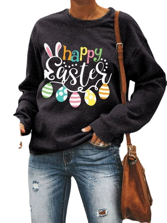 Women Casual Easter Rabbit Print Long-Sleeve Round Neck Sweatshirt