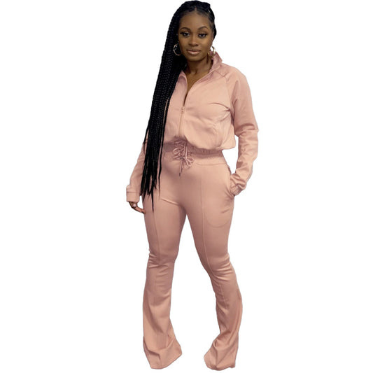 Conjunto de dos piezas informal de moda para mujer, con cuello alto, cremallera, manga larga y pantalones de cintura alta, color liso
