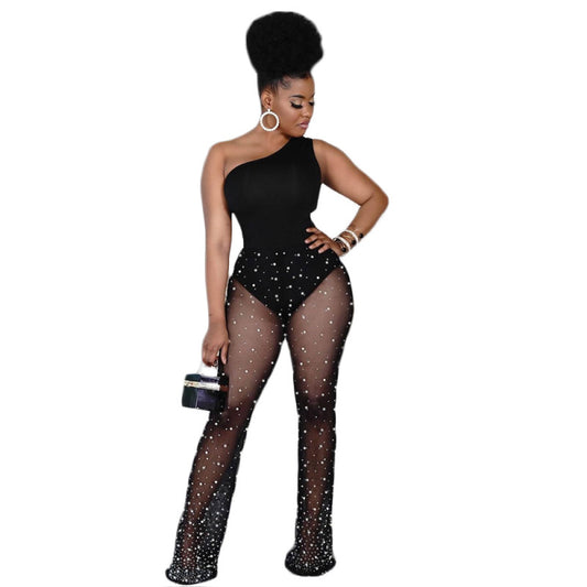 Women Fashion Casual One-Shoulder Mesh See-Through Polka Dot Printing Plus Size Jumpsuit