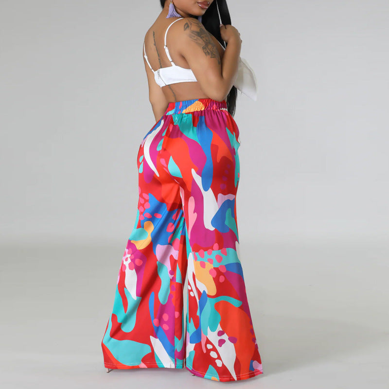 Women Fashion Casual Plus Size Graphic Printed Staggy Waist Lace-Up Wide-Leg Pants