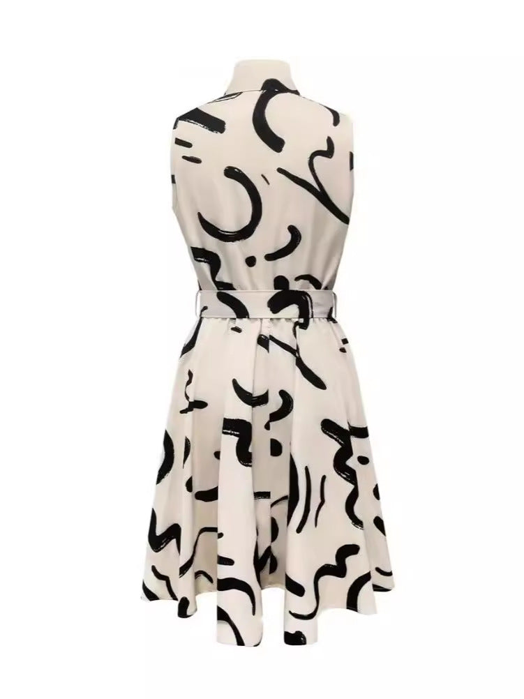 Women Fashion Casual Printed Lapel Sleeveless Lace-Up Dress
