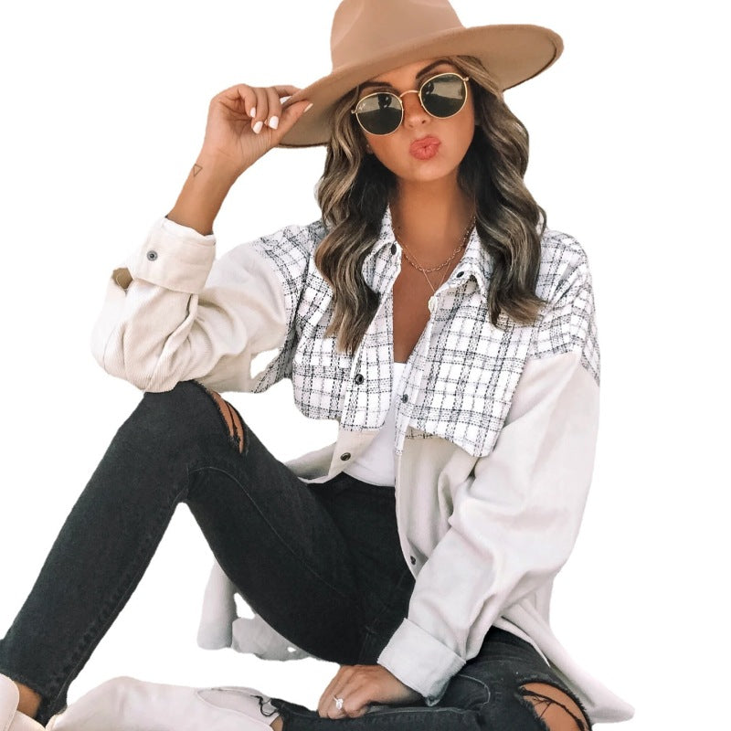 Women Casual Lapel Long Sleeve Pocket Plaid Patchwork Single-breasted Corduroy Shacket