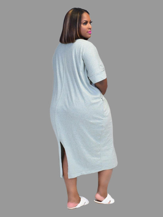 Vestido informal holgado con estampado de letras para mujer, manga corta, cuello redondo y abertura en la espalda