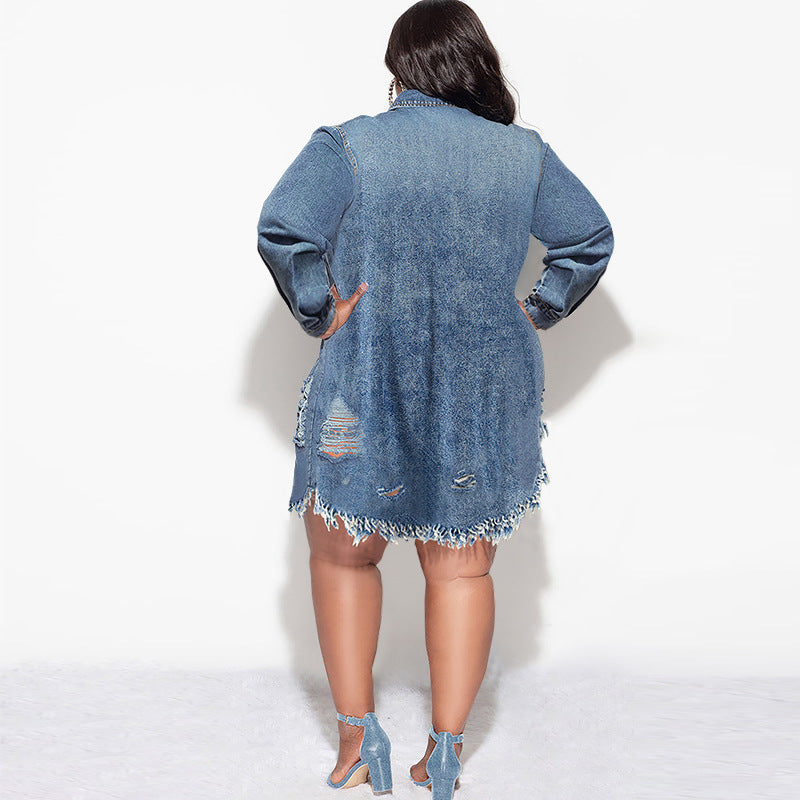 Women Fashion Casual Plus Size Tassel Hole Lapel Long Sleeve Denim Dress