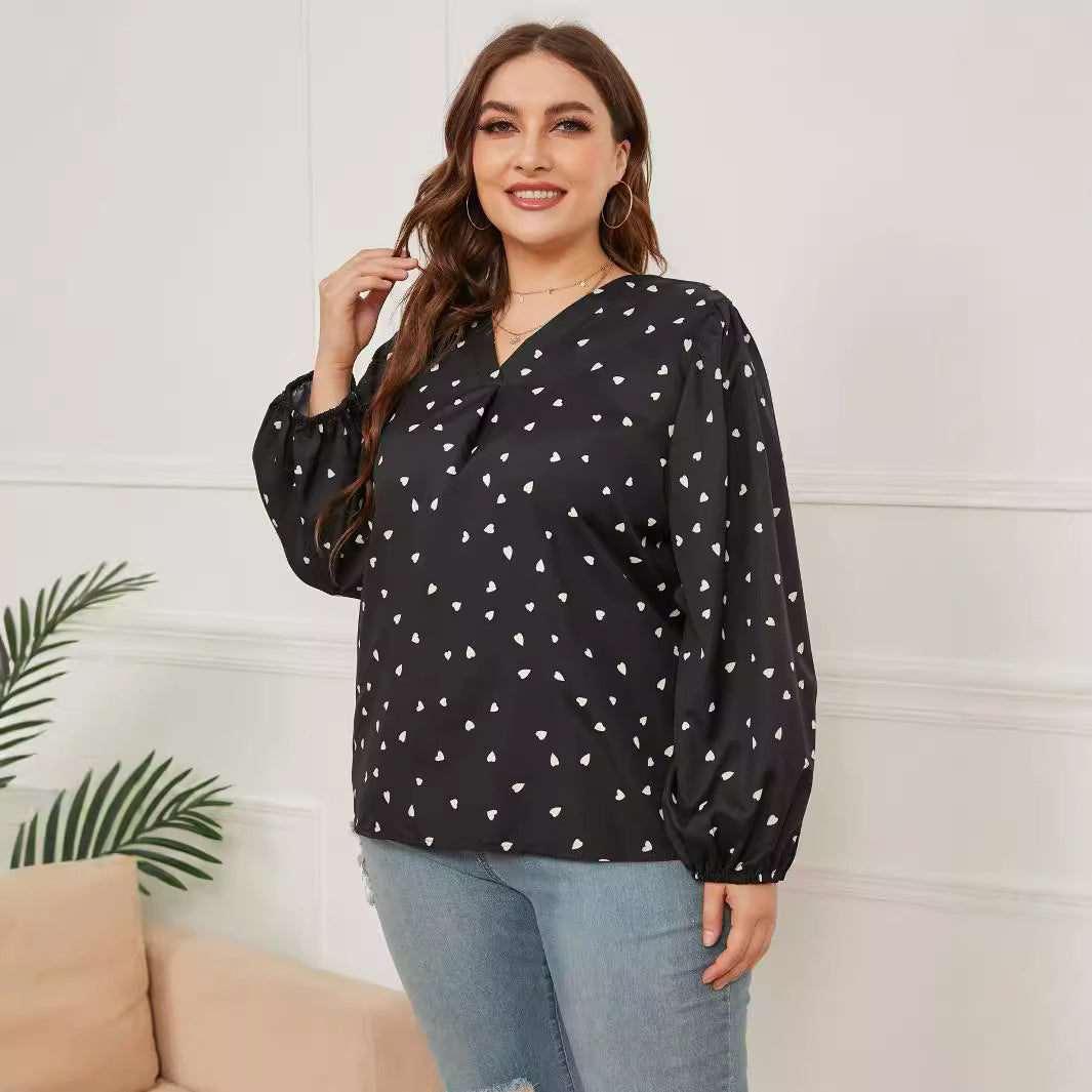 Blusa informal de manga larga con cuello en V y estampado de talla grande para mujer