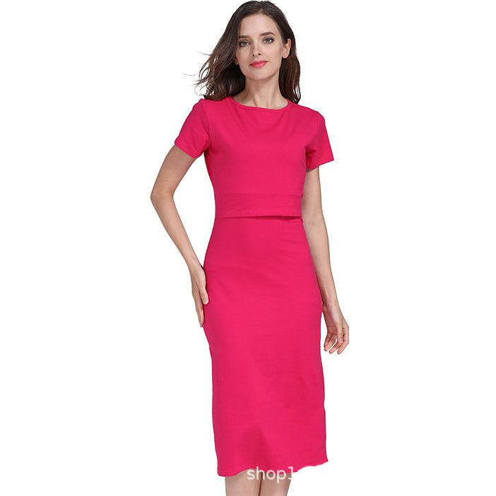 Summer Pregnant Women Casual Solid Color Elastic Slim Round Neck Short Sleeve Nursing Dress