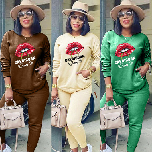 Conjunto deportivo de dos piezas para mujer, moda deportiva, sudadera de manga larga con estampado de labios y letras, pantalones casuales