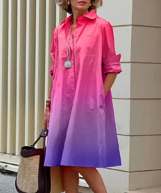 Office Casual Fashion Women Gradient Printing Shirt Collar Long Sleeve Pocket Dress
