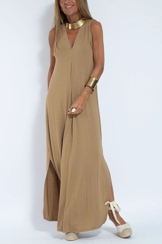Women Casual Solid Color V-Neck Sleeveless Maxi Dress