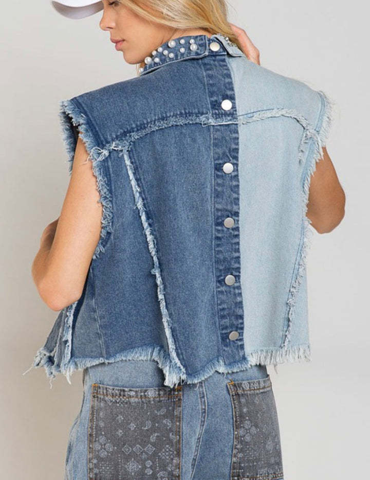 Chaleco vaquero con perlas y costuras informales a la moda para mujer Y2K