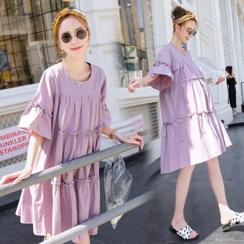 Vestido informal holgado de manga corta con volantes y costuras para embarazadas