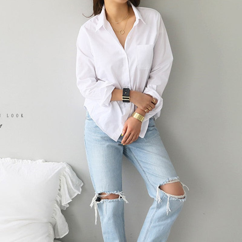 Blusa informal sencilla de color liso con solapa y manga larga para mujer
