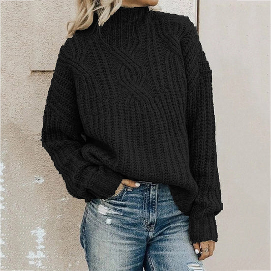 Winter Women Solid Color Turtleneck Long Sleeve Knit Loose Casual Sweater