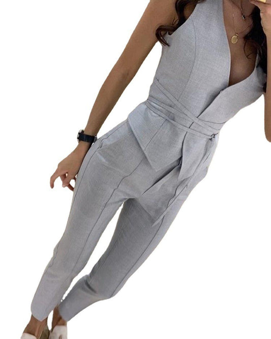 Conjunto de dos piezas informal de verano para mujer, color liso, estilo oficina chic, cintura definida, cuello en V y pantalones ajustados
