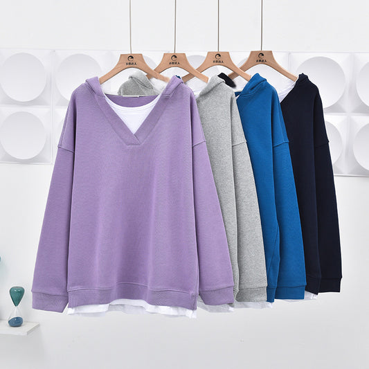 Sudadera con capucha informal de color liso con cuello en V y costuras para mujer