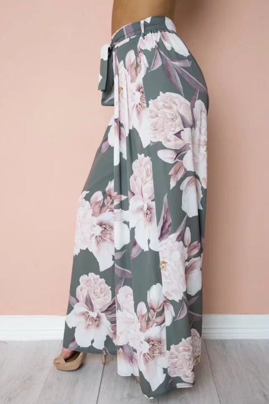 Pantalones anchos informales de cintura alta con estampado floral sencillo para mujer