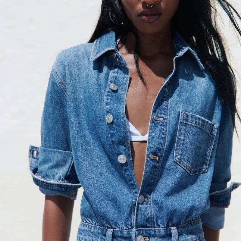 Women Fashion Casual Lapel Long Sleeve Straight Denim Jumpsuit