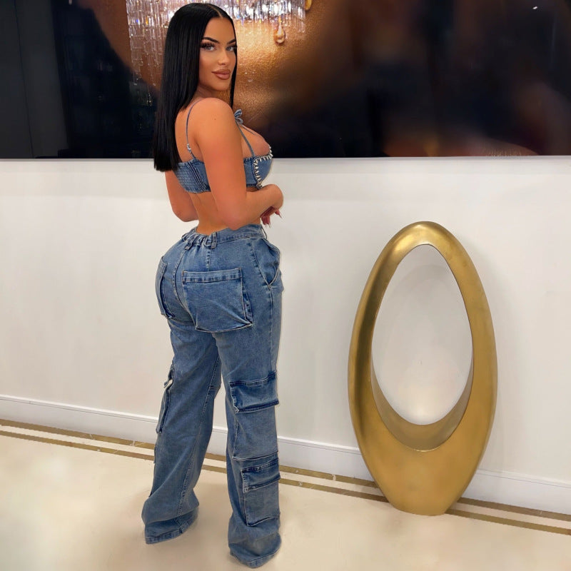 Vaqueros cargo con cintura elástica y cremallera para mujer, estilo informal, a la moda