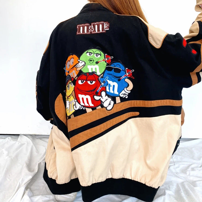 Chaqueta de béisbol holgada de manga larga con estampado de bloques de colores informal a la moda para mujer