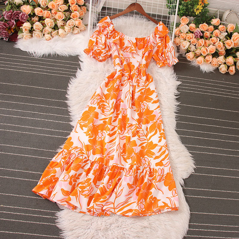Vestido informal retro multicolor con cuello cuadrado y mangas abullonadas para mujer