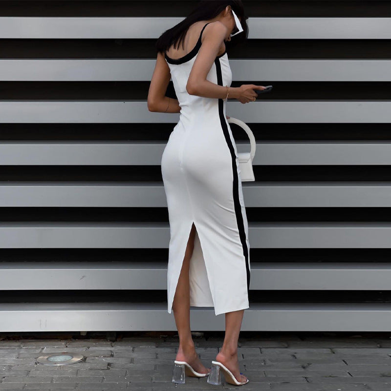 Women Summer Blocking Color Casual Elegant Slim Sling Dress
