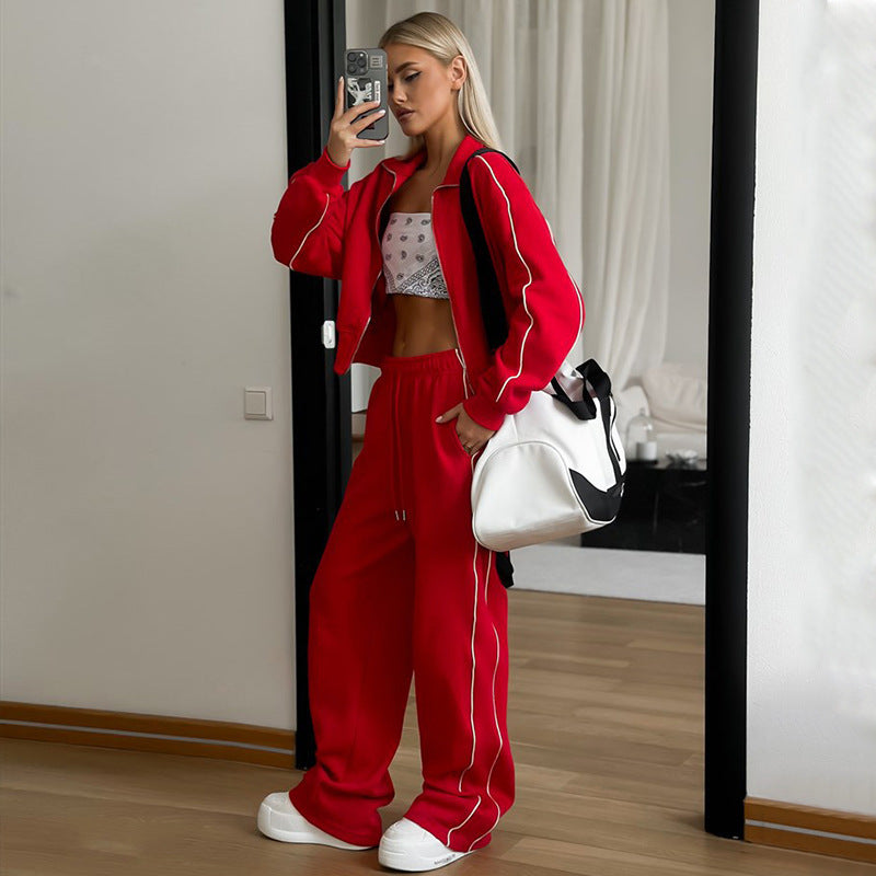 Women Fashion Casual Zipper Cardigan Long Sleeve Top Drawstring Pants Two-Piece Set