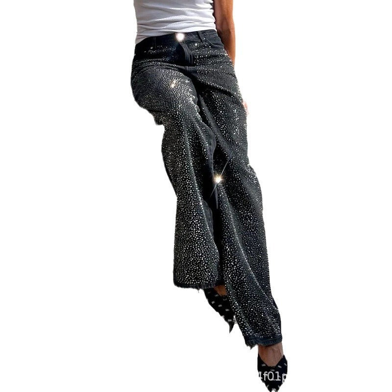 Women Fashion Casual Black Rhinestone Loose Jeans