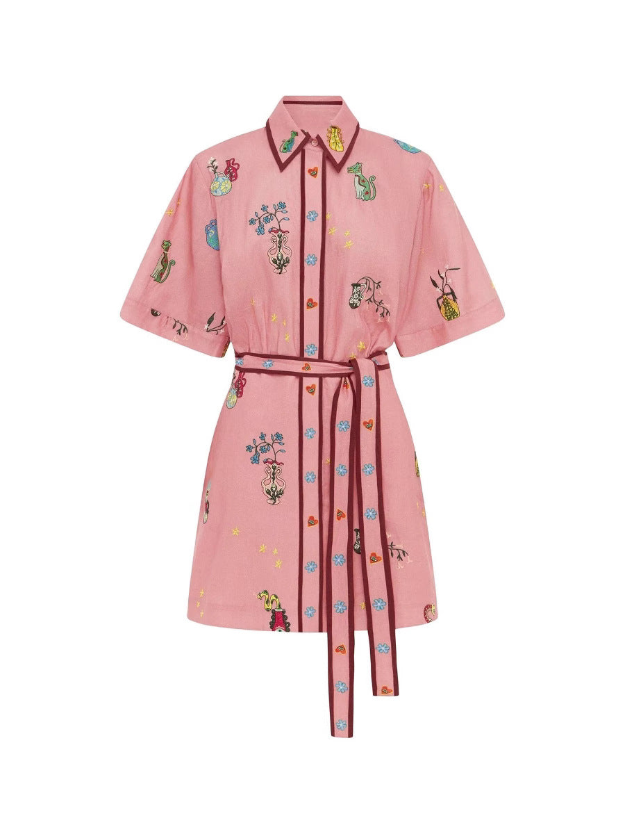 Vestido informal de lino con estampado de solapa y manga corta con cordones para mujer