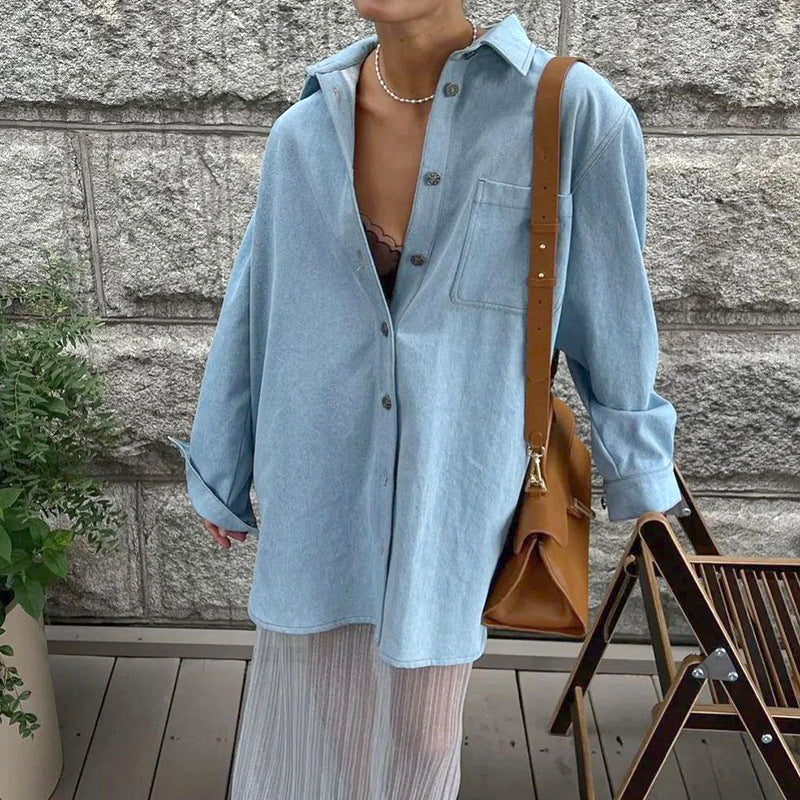Camisa vaquera de imitación de manga larga con botones y solapa informal para mujer