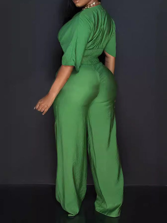 Women Casual Loose Solid Color V-Neck Short-Sleeve Jumpsuits