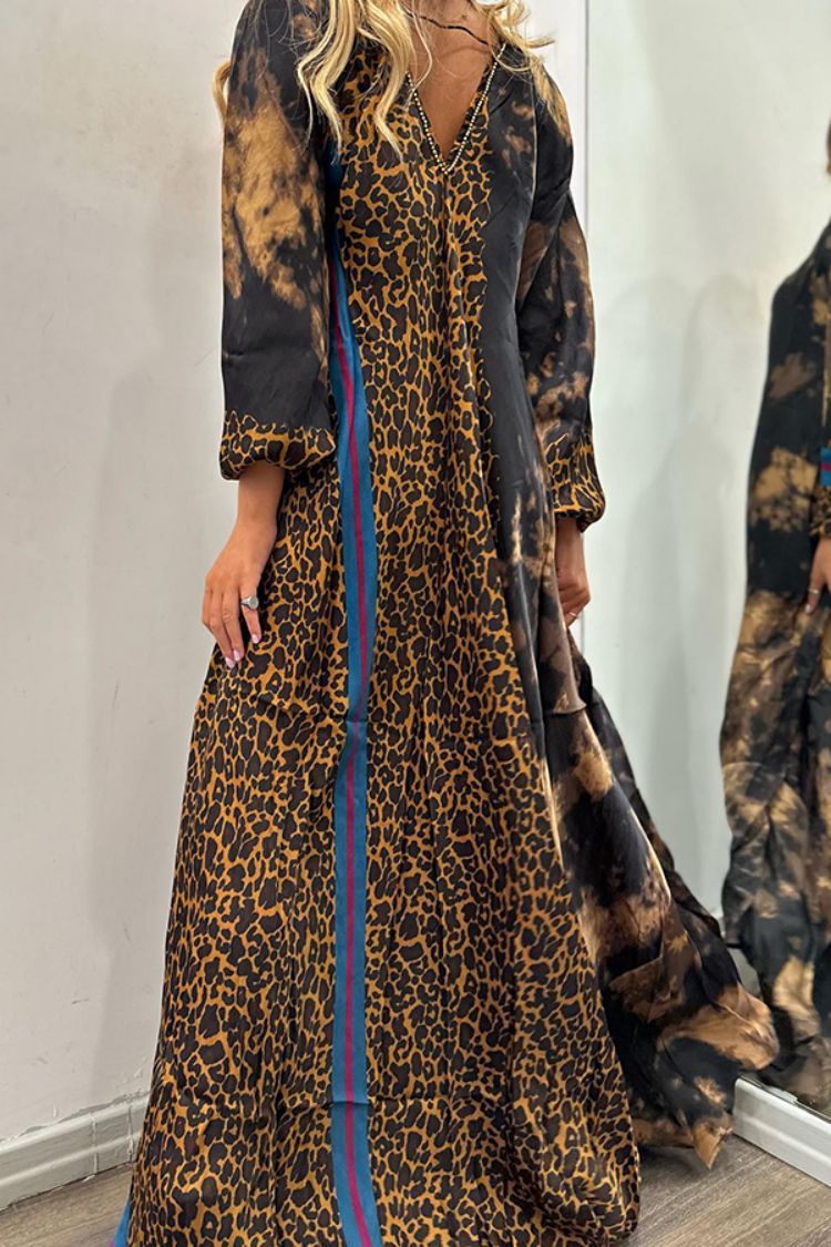 Women Casual Loose V-Neck Leopard Print Long Sleeve Maxi Dress