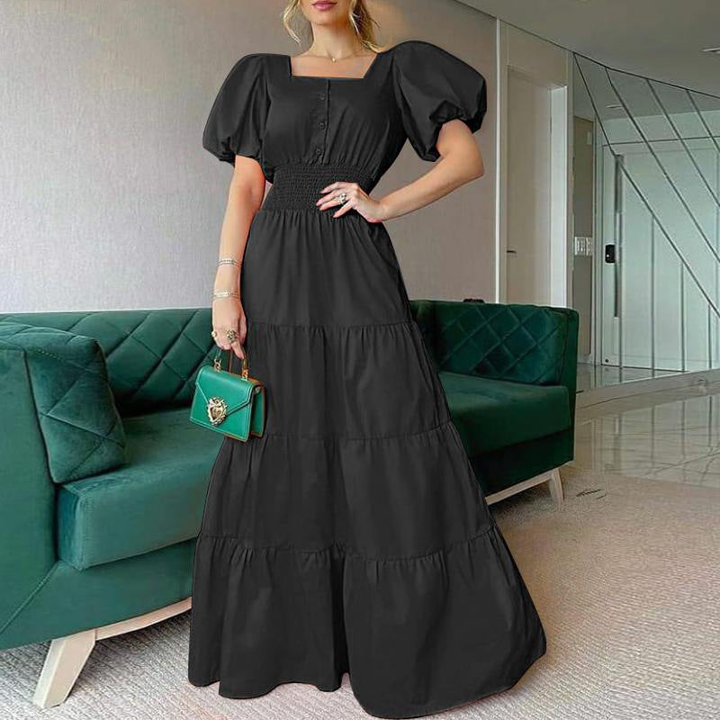 Vestido playero informal de verano para mujer, elegante, con escote cuadrado y mangas cortas abullonadas