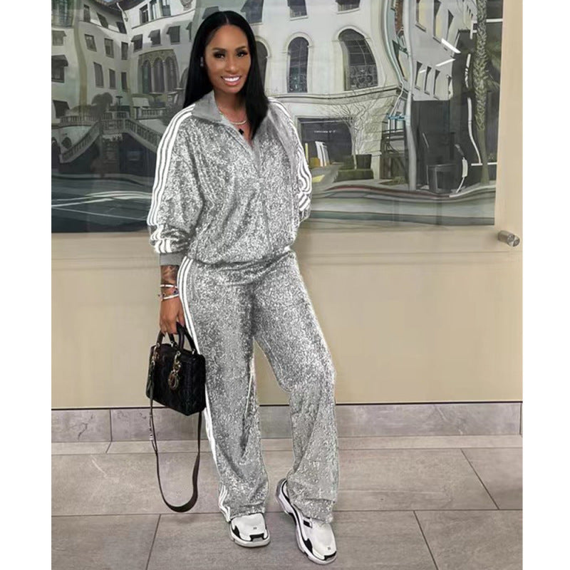Conjunto de dos piezas de top y pantalón de manga larga con lentejuelas para mujer