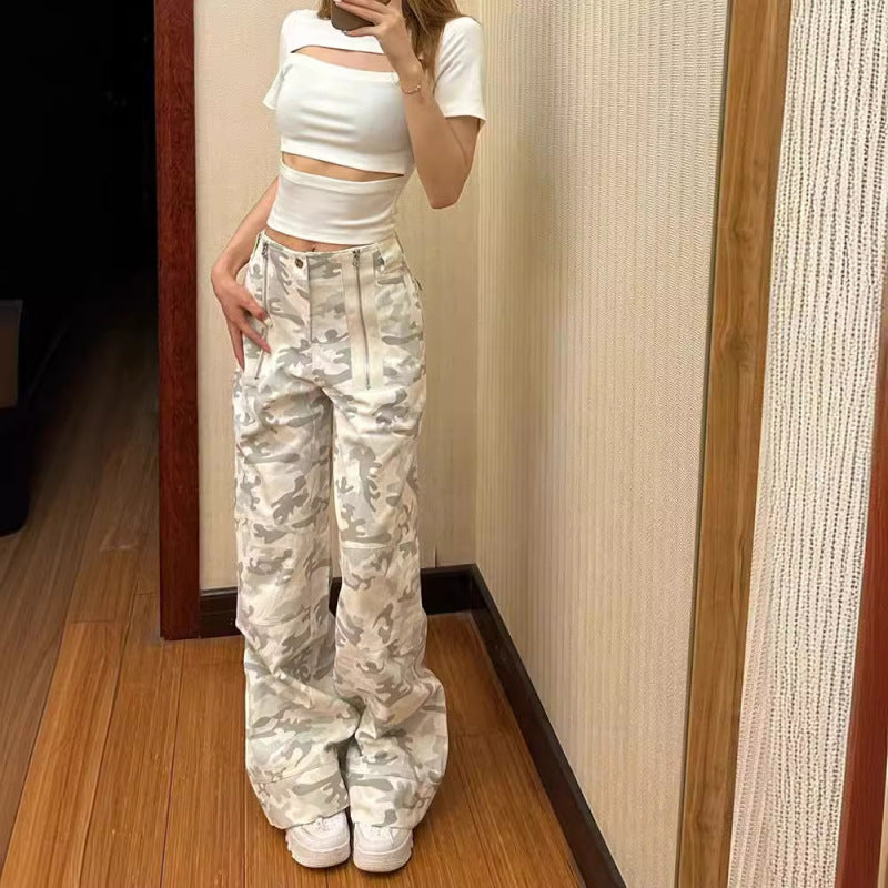 Women Retro Loose Camouflage Print Zip Casual Pants