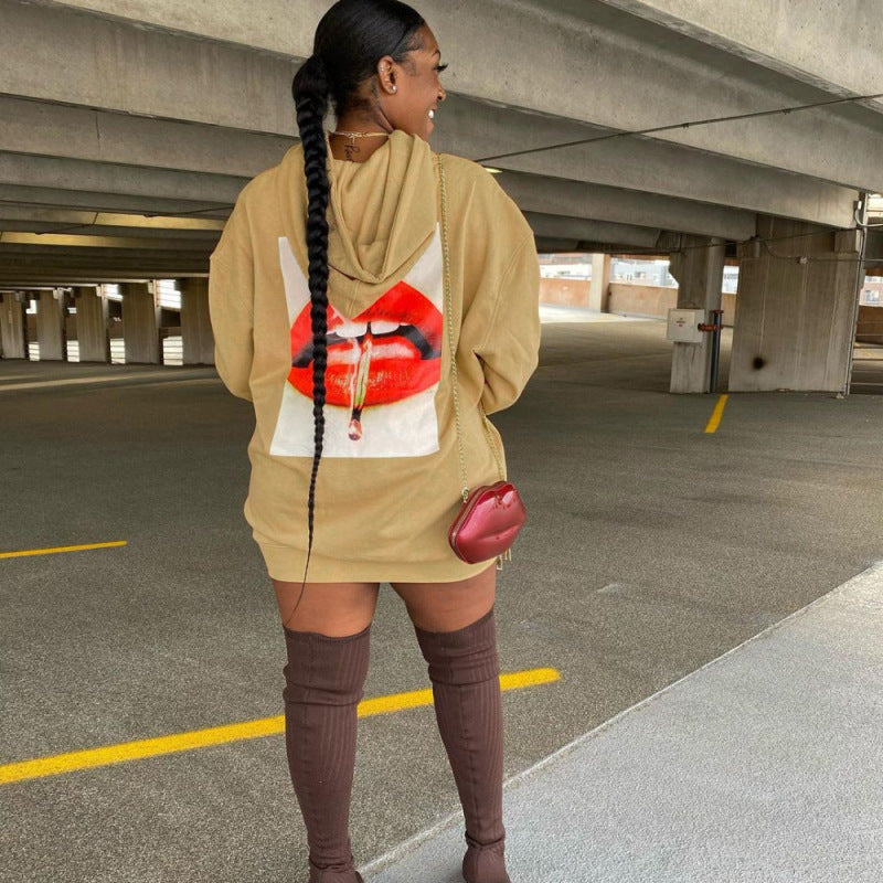 Winter Women Casual Hooded Loose Pocket Graphic Lip Printed Long Sleeve Dress