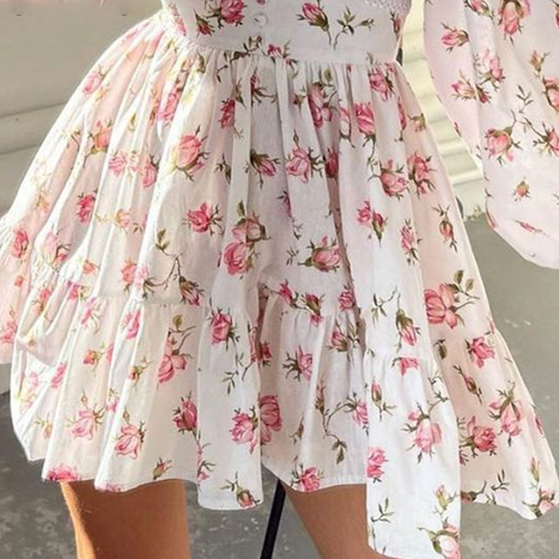 Women Casual Tiny Flower Print V-Neck Long Sleeve Dress