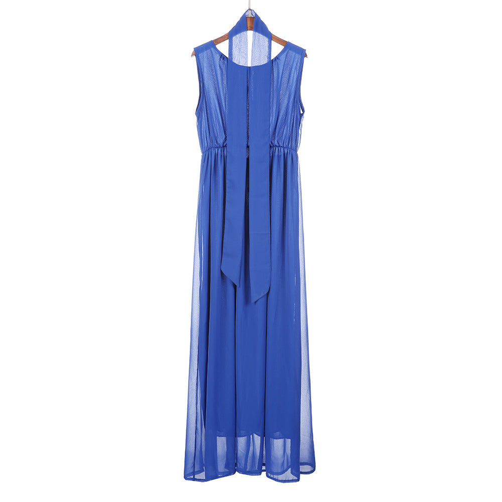 Vestido plisado sin mangas con cuello redondo y costuras de color liso para embarazadas