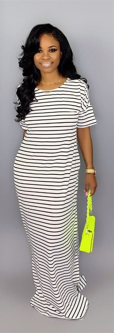 Women Basic Casual Short-sleeved Color Blocking Stripe Maxi Dress