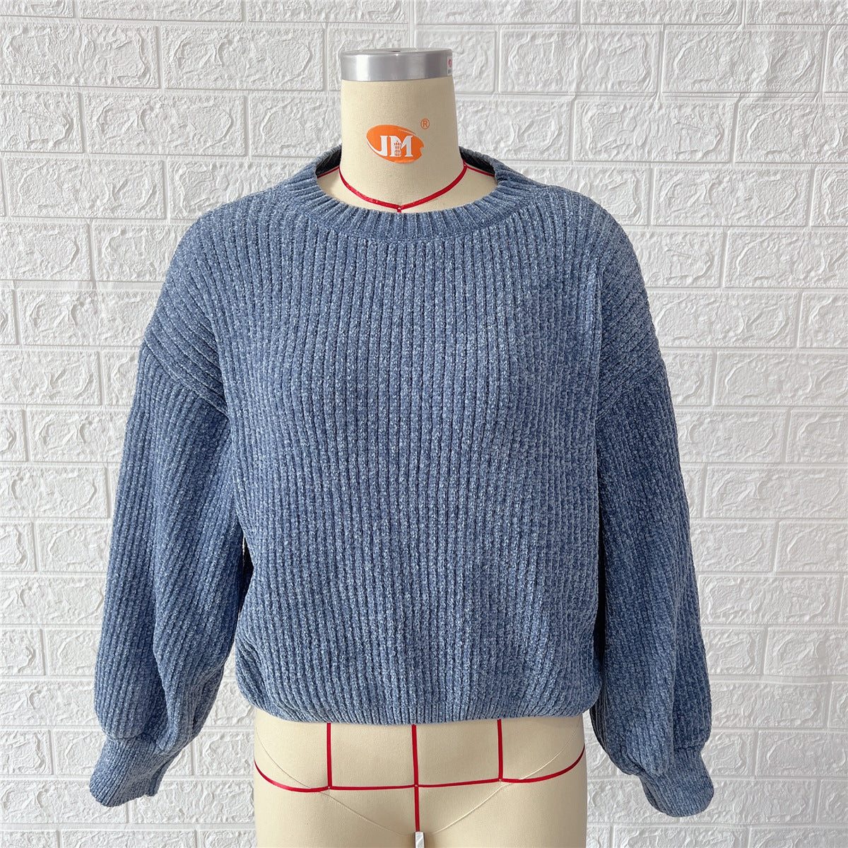 Suéter de punto corto con cuello redondo y mangas abullonadas para mujer, informal, de color liso, para otoño e invierno