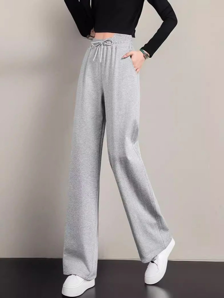 Women Casual Solid Color Drawstring Loose Wide Leg Pants