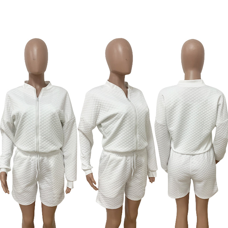 Conjunto de dos piezas de chaqueta acolchada y pantalones cortos de manga larga con cremallera de color liso para mujer
