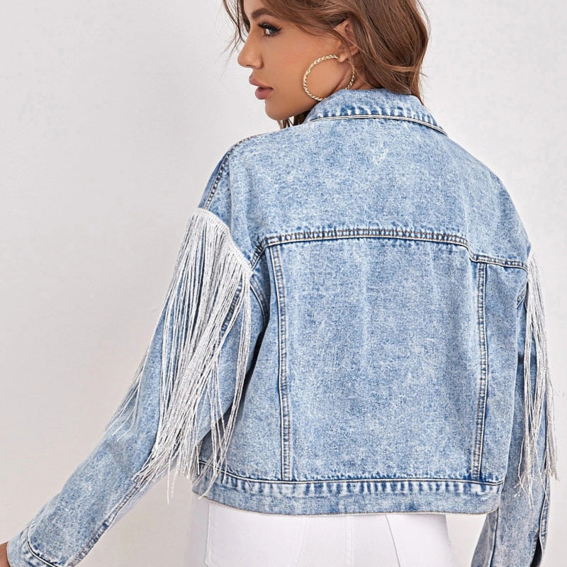 Chaqueta vaquera informal con borlas para mujer