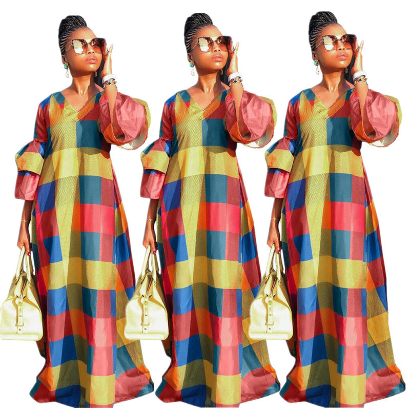 Fashion Women Casual Elegant Multicolor Plaid V Neck Long Lantern Sleeves Long Maxi Dress