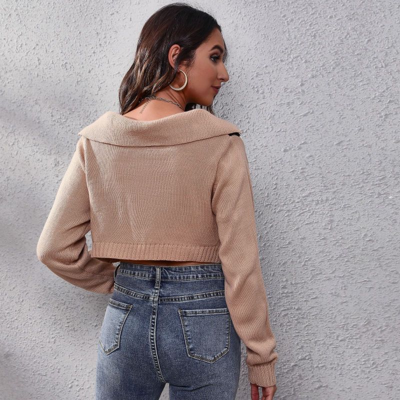 Women Spring Casual Color Blocking Lapel V Neck Long Sleeve Plaid Crop Sweater