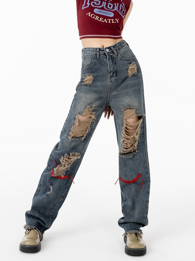 Vaqueros rotos de cintura alta estilo retro para mujer, estilo casual y moderno.